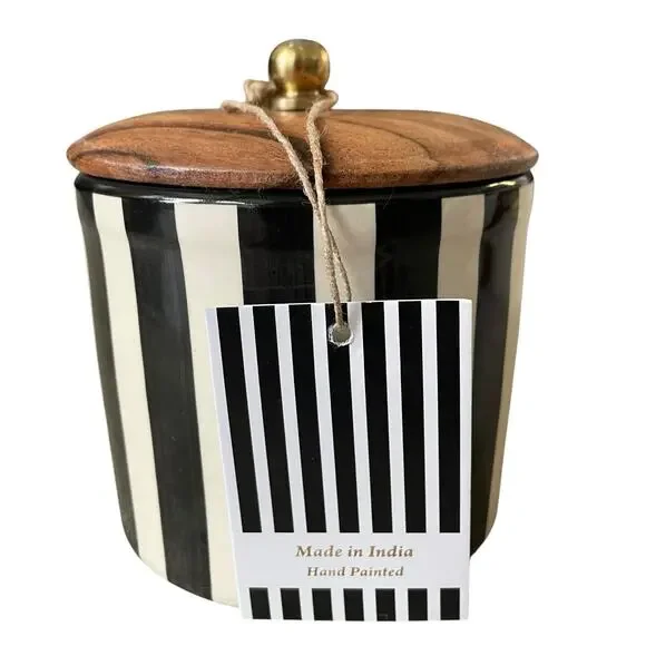 Hand Painted Striped Ceramic Canister w/ Wood Lid Made in India Black Cream NEW - Picture 11 of 15